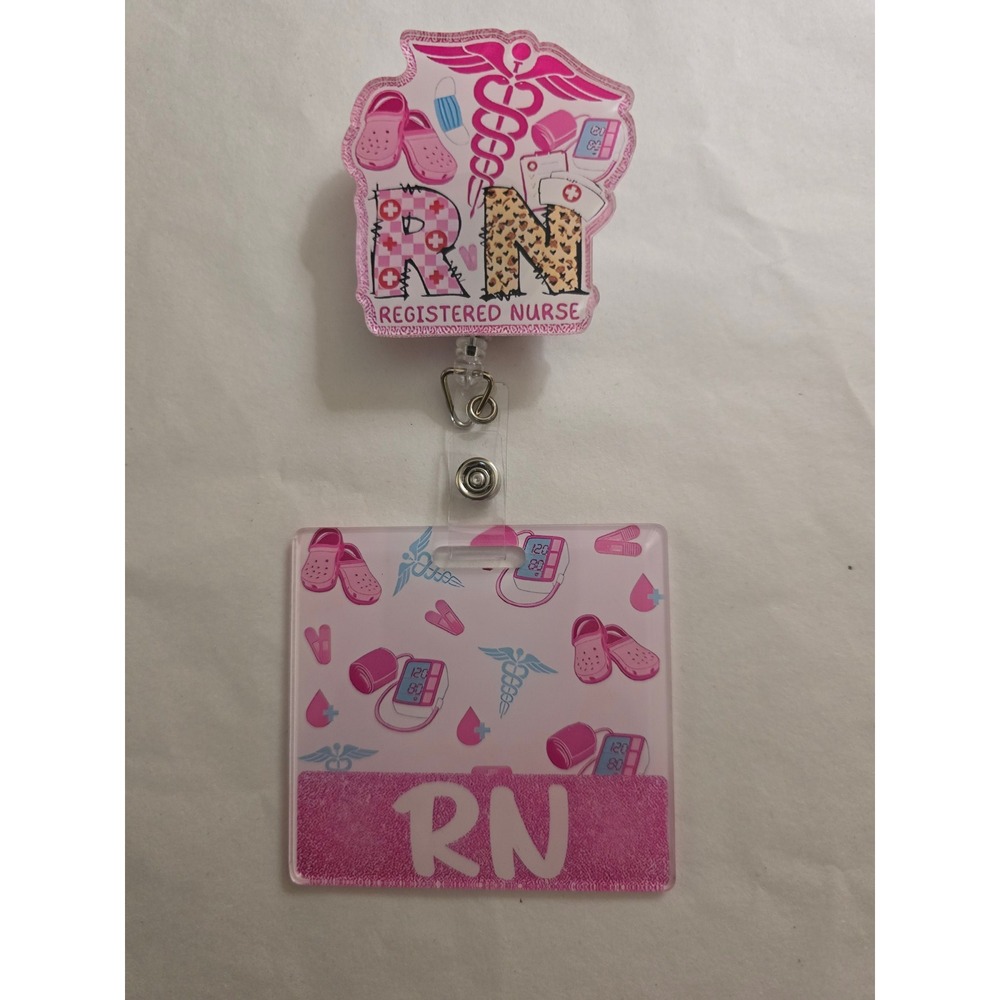 Pink Registered Nurse RN Retractable Badge Reel and ID Tag Buddy Set Accessory